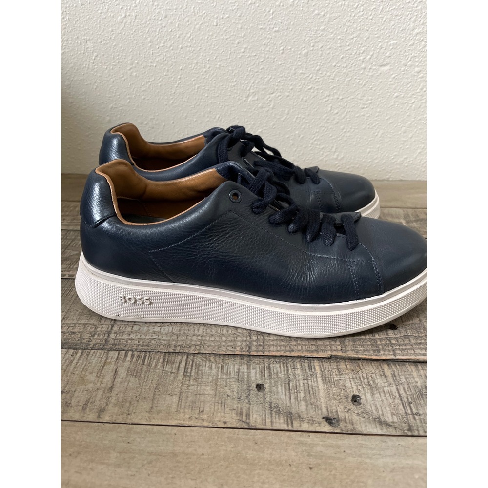 Hugo Boss Mens Navy Blue Leather Low Top Sneakers Size 42 Made in Portugal